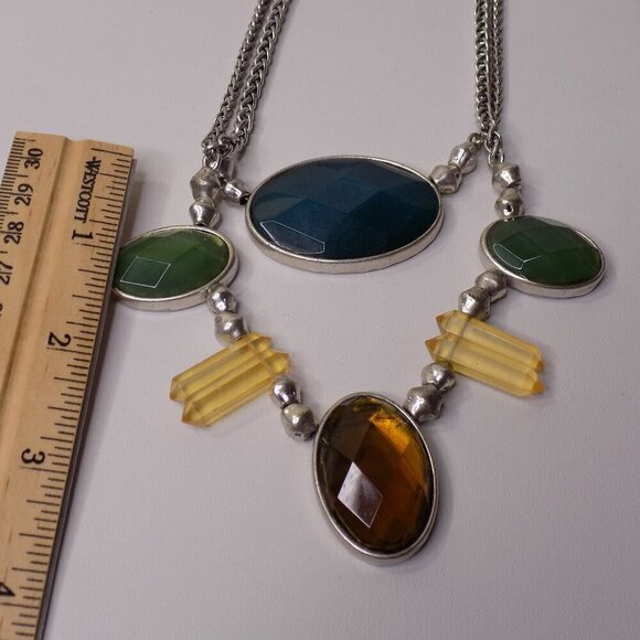 Lucky Brand Quartz Necklace Silver Tone Teal Amber Colored Two Row Reversible - Picture 9 of 9